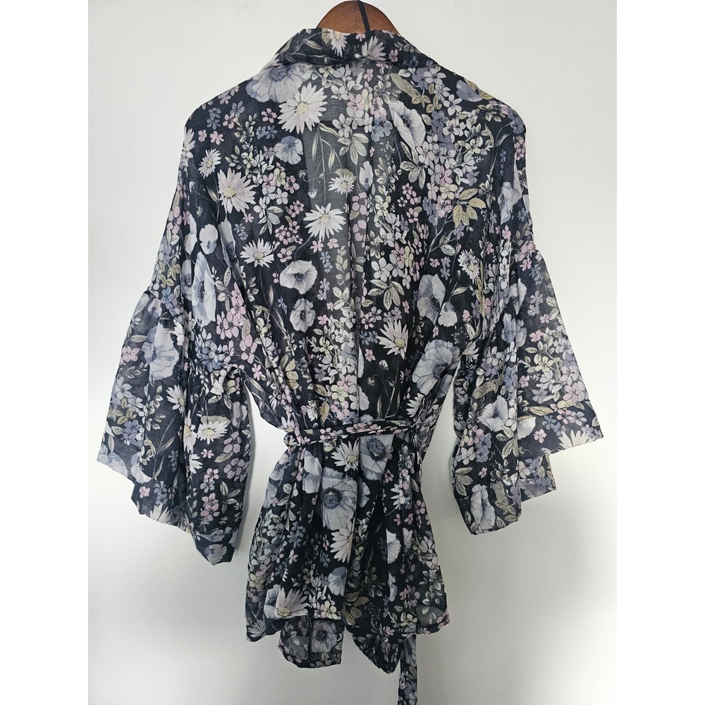 Boho LC Lauren Conrad Floral Robe Womens M Black Sheer Tiered Bell Sleeve Kimono - Picture 4 of 7